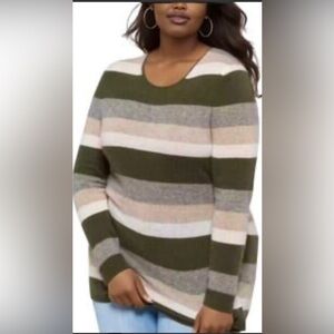NWT 41 Hawthorne Striped Women's Cashmere Sweater Olive, Gray, and Cream 🌻BG 12
